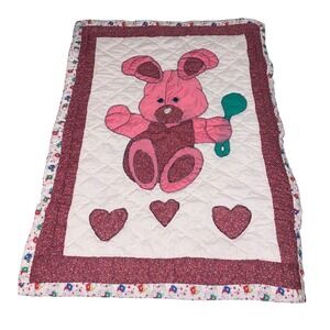 Vintage Handmade Teddy Bear Bunnies Crib Comforter Blanket Bedding Pink White